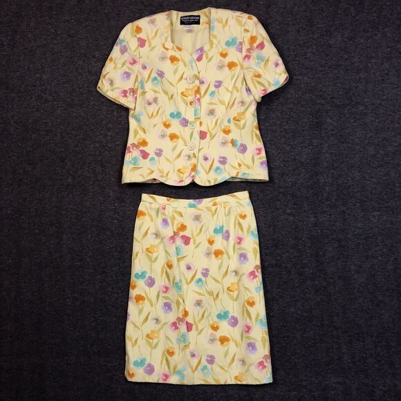 Floral Skirt Set Womens 12 Herbert Grossman by Cynthia Sobel VTG 2 Pc Suit S/SL - Picture 3 of 16